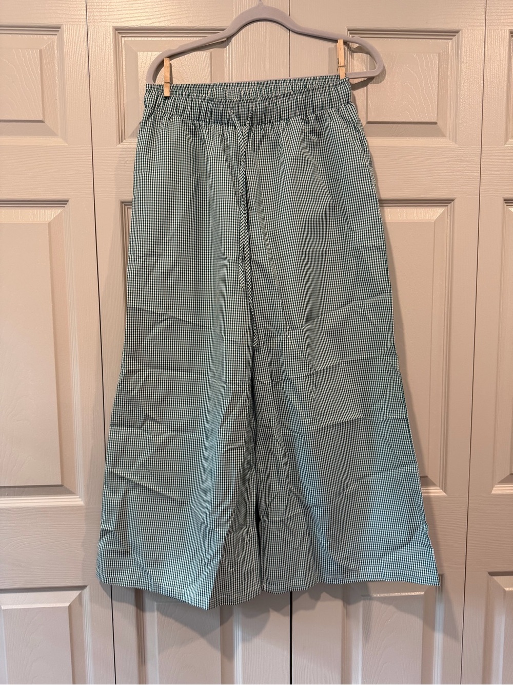 Wide-Leg Gingham Pull-On Pants in Sage Green